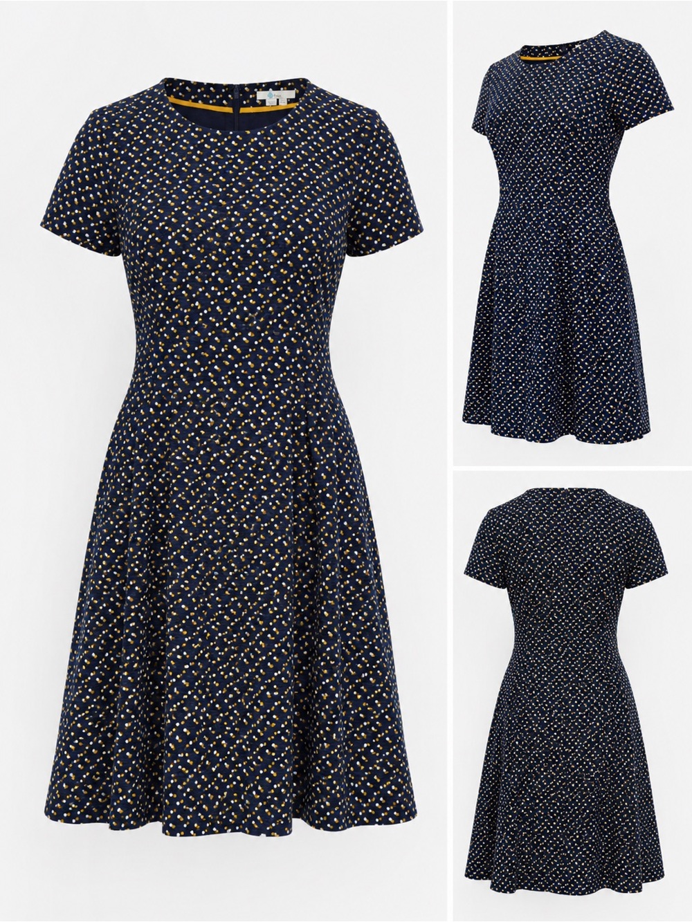 Boden Navy Textured Polka Dot Fit & Flare Dress Size 12R Yellow White Midi